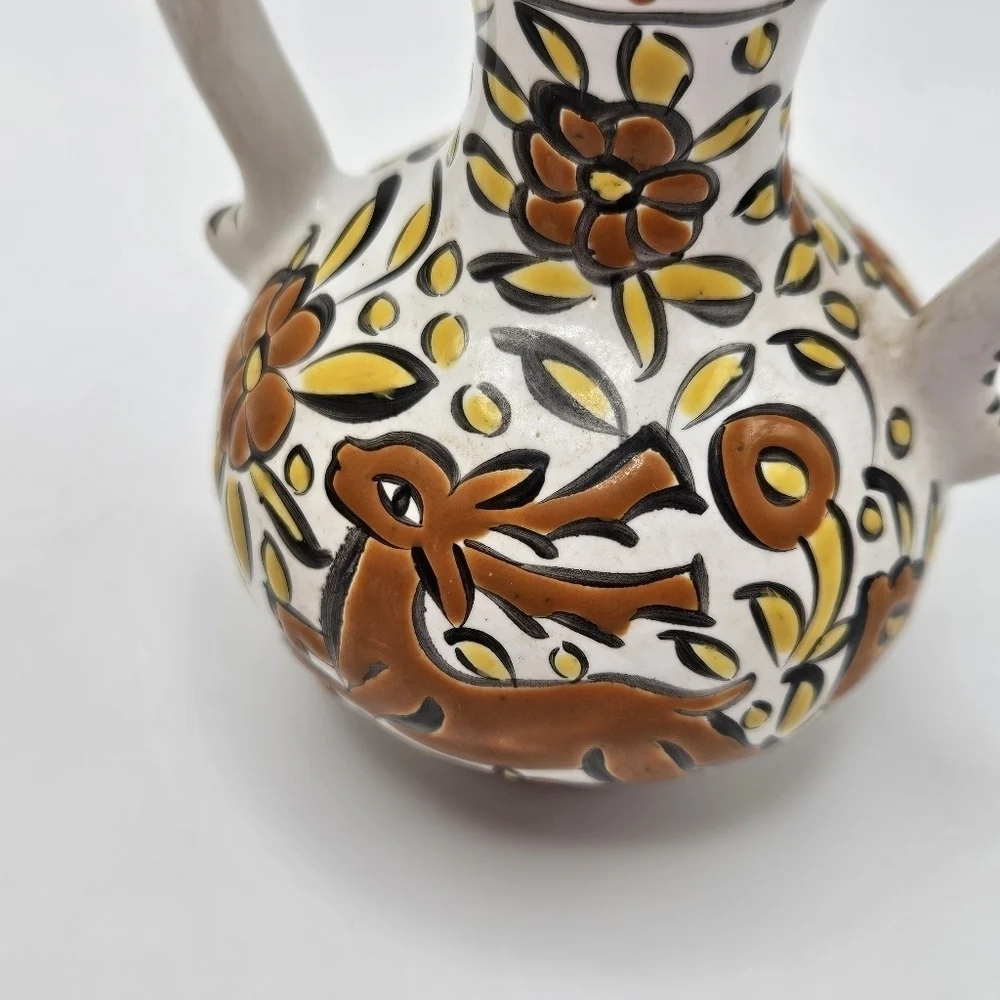 VINTAGE Handmade Theofilos Ceramic Rhodes Greece Pottery Deer Pitcher Vase Set